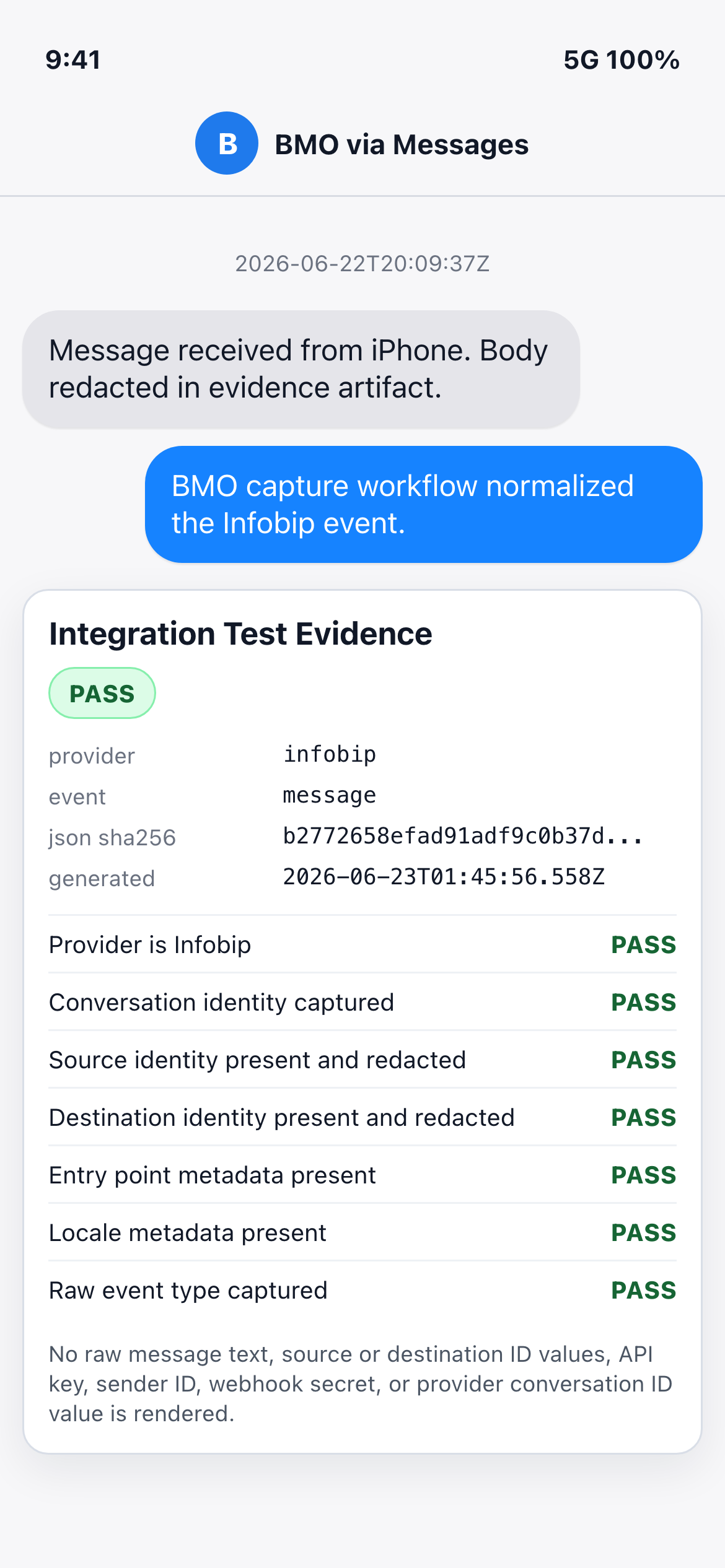 iPhone-style Infobip Apple Messages capture evidence