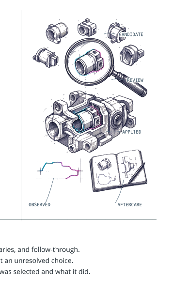 Observational lifecycle study: candidate parts, review under a loupe, applied assembly, observed trace, and aftercare notebook.